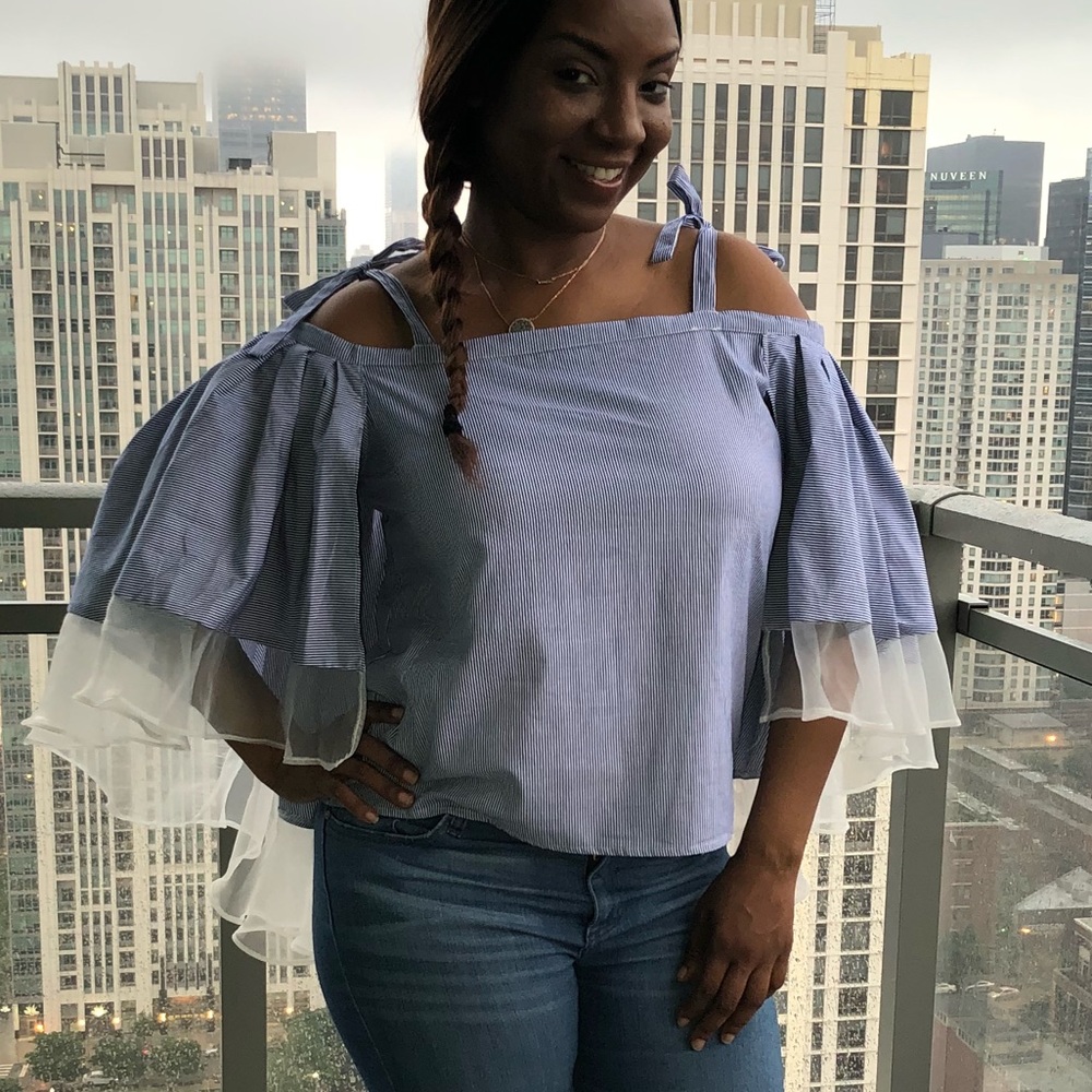 Blue & White Cascading Ruffle Top - Picture 7 of 7